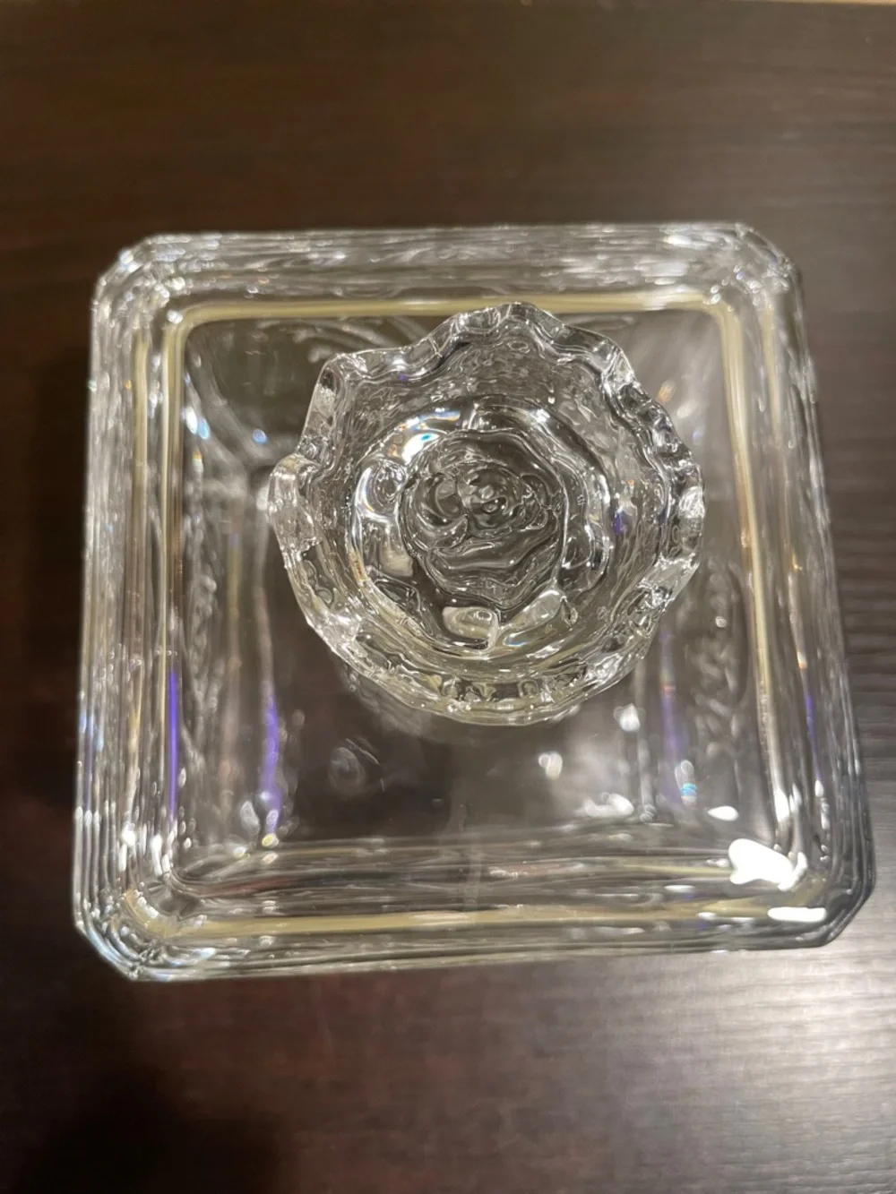 Clear Glass Rose and Butterfly Embossed Square Jar with Floral Lid